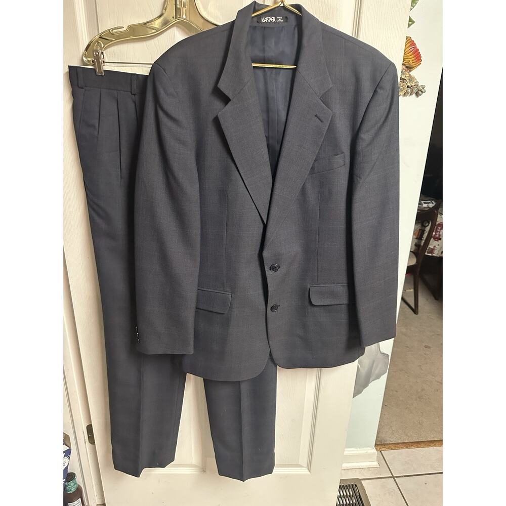 Suit Mens 42r 38x33 Gray Wool Windowpane VNT 90s 2 Pc Jacket Pants Kasper Stripe